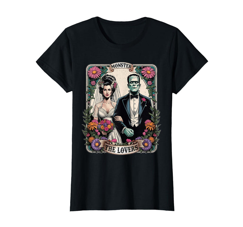 The Lovers Tarot Card Spooky Halloween Women Men The Monster Frankenstein and Bride The Lovers Tarot Card T-Shirt - Black