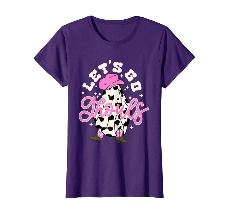 Let's Go Ghouls Cow Print Halloween Costumes Let's Go Ghouls Cowgirl Western Spooky Halloween Cute Retro T-Shirt - Purple