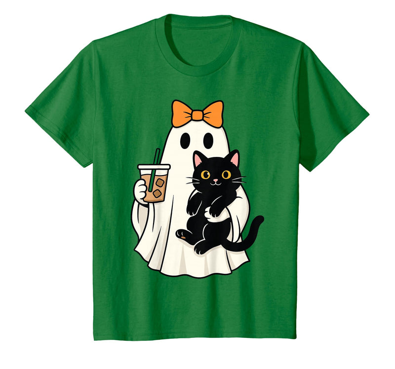 halloween iced coffee costume Cat Women Girls Cute Halloween Cat Ghost Drinking Coffee Ghost Women Girls T-Shirt - Kelly