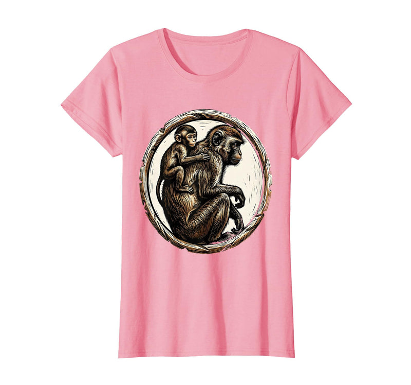 Mademark Baby Monkey Clinging to Mother's Back Design T-Shirt - Women - Pink