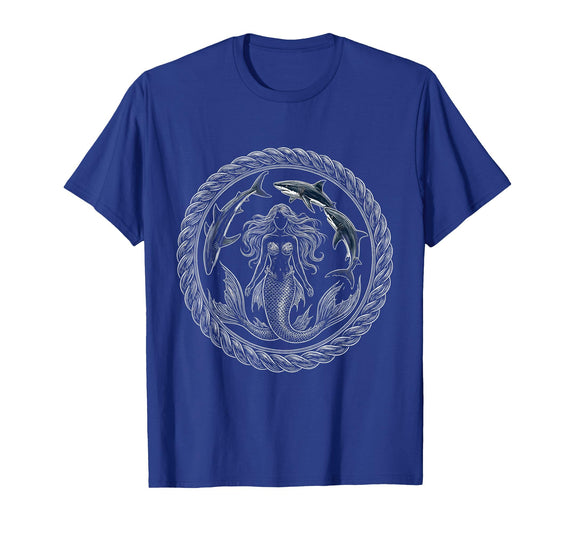 Mademark Mermaid and Circling Sharks Ocean Art Design T-Shirt - Royal Blue