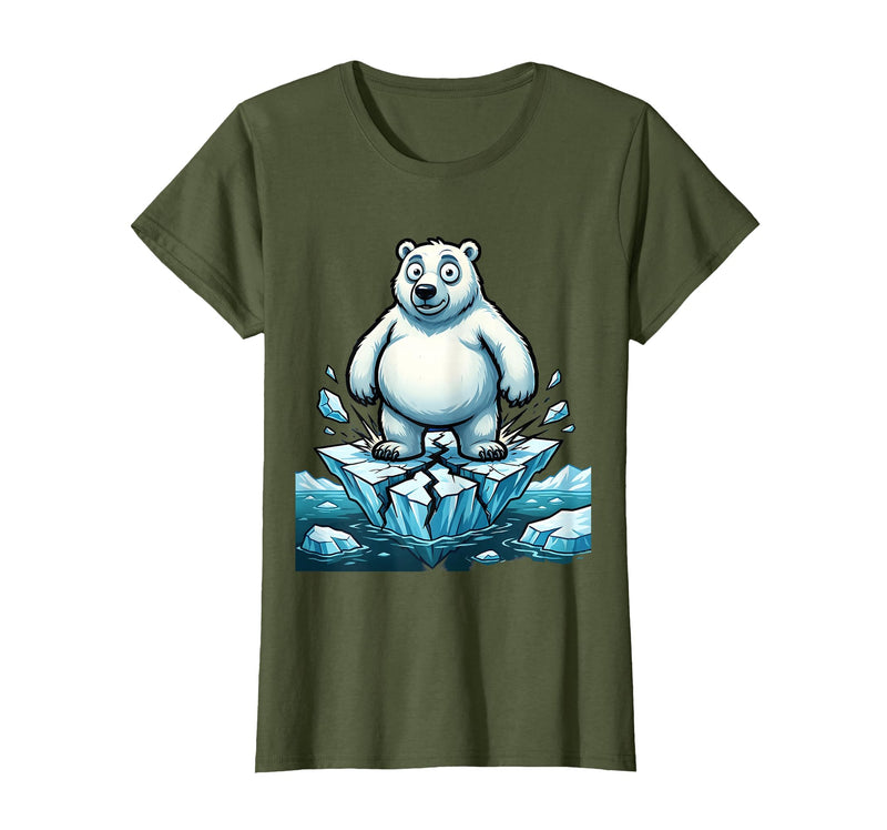 Mademark Polar Bear on Cracking Ice Floe Illustration T-Shirt - Olive Green
