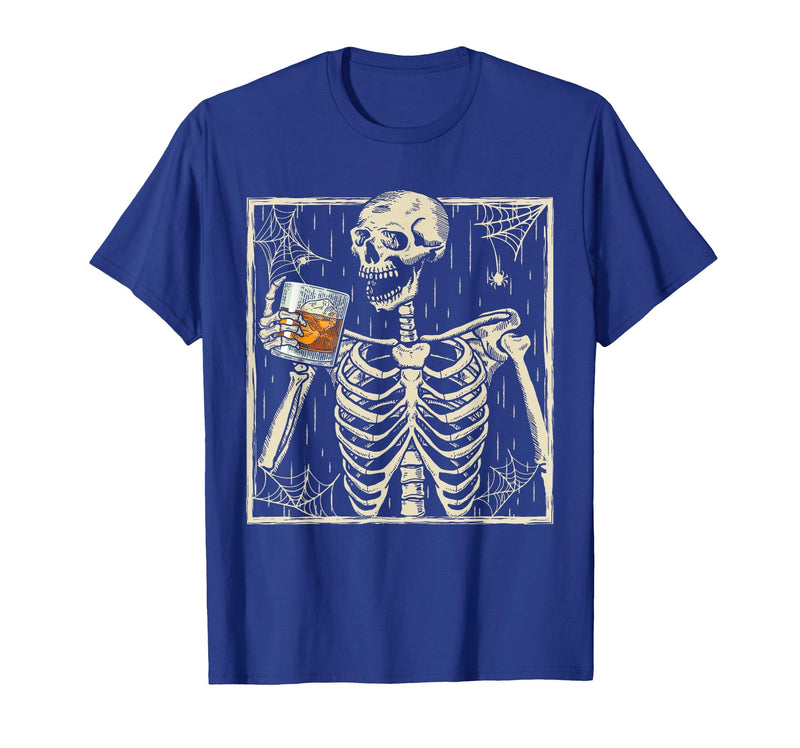 Funny Skeleton Drinking Bourbon Whiskey Halloween Alcoholic T-Shirt - Royal Blue