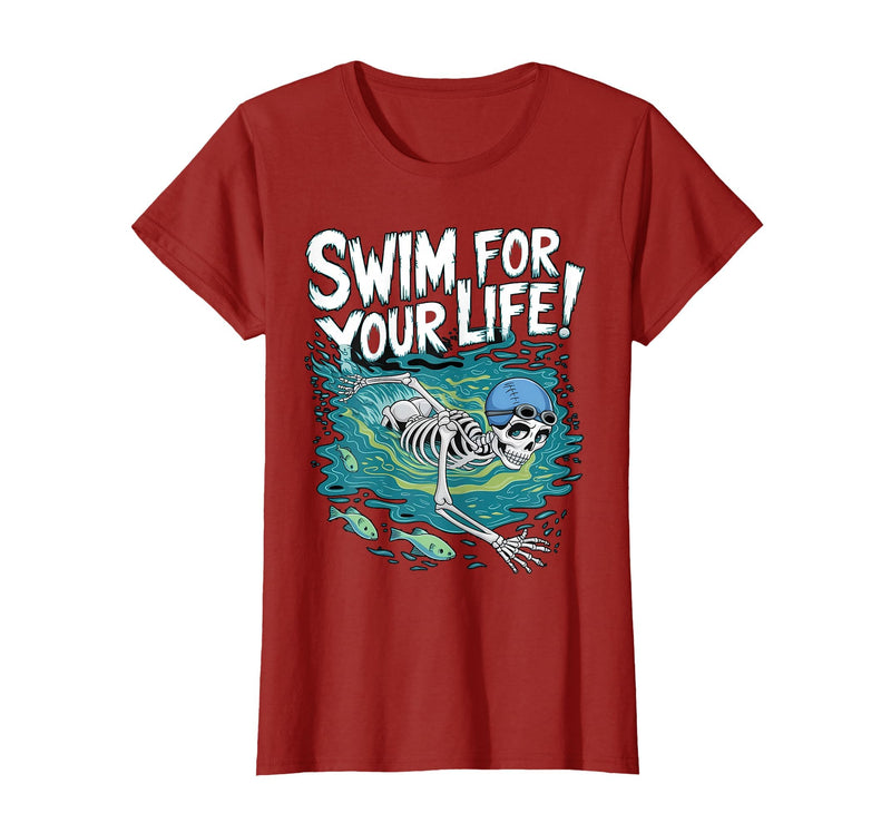 Swim Lover Halloween Custom Tee For Swimmers Kids Halloween Skeleton Swimming Swim for Your Life Swimmers Dad T-Shirt -