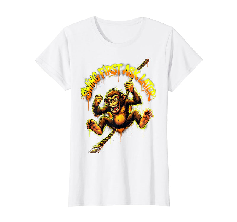 Mademark Swing First Ask Later Funny Monkey Design T-Shirt - Women - White