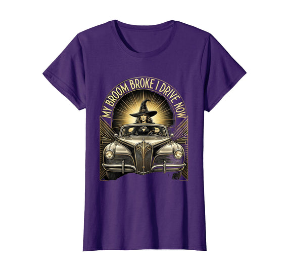 Mademark My Broom Broke I Drive Now Witch Halloween T-Shirt - Purple
