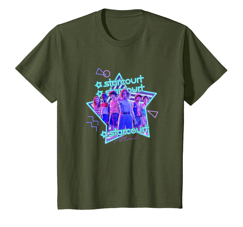 Stranger Things Starcourt Mall Vintage Neon Group Portrait T-Shirt - Olive Green