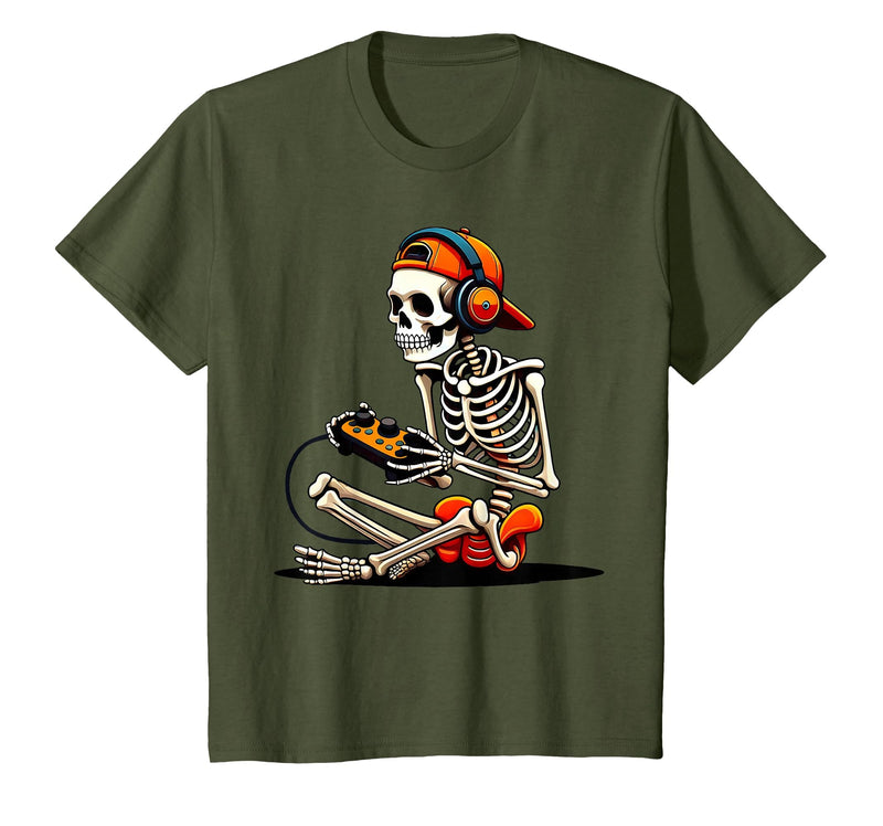 halloween skeleton shirts for teen boys men kids Halloween Skeleton Gamer Video Gaming Funny Gaming Skeleton T-Shirt - Olive