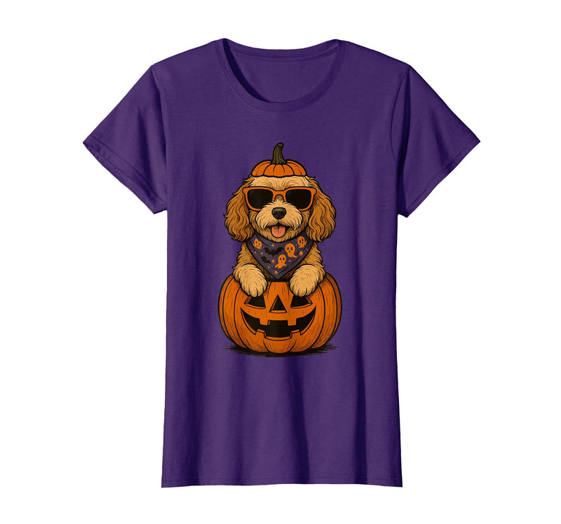 Funny Retro Maltipoo mom Halloween Spooky Cavapoo Pumpkin Halloween Doodle Dog Lover T-Shirt - Purple