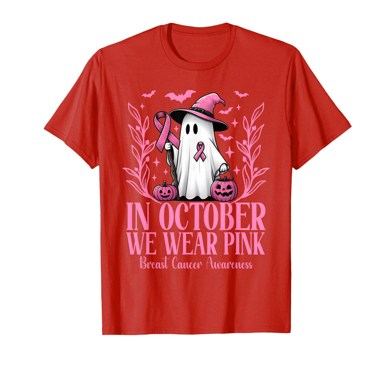 Arich.Tee's Breast Cancer Awareness Ghost in October We Wear Pink Breast Cancer Witch Ghost Halloween T-Shirt - Red