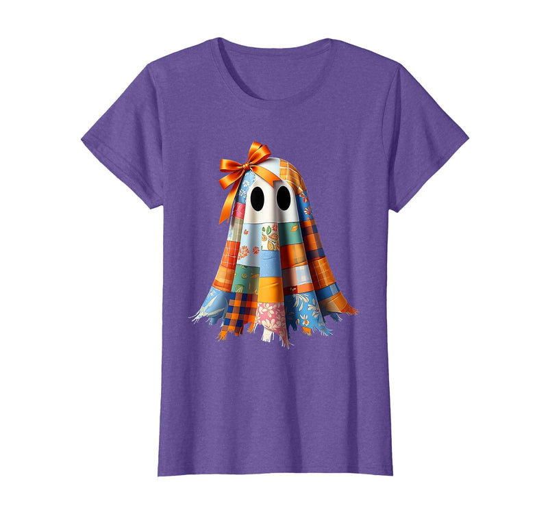 Patchwork Quilt Ghost Halloween Quilter Autumn Tee Patchwork Ghost Quilt Halloween Quilter Fall Autumn Bow Cute T-Shirt -