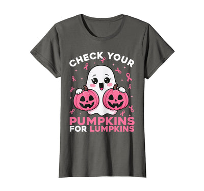 Halloween Breast Cancer Awareness Women Kids Girls Check Your Pumpkins Ghost Breast Cancer Ribbon Halloween T-Shirt