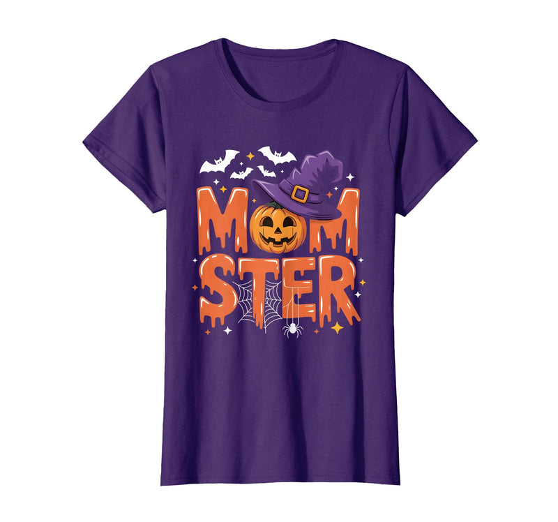 Mom-ster Halloween Funny Witch Hat Pumpkin Mom Momster Mom Mommy Matching Family Halloween Costume Women T-Shirt - Purple