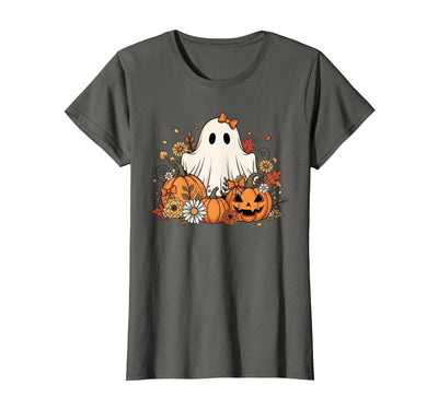 Ghost Halloween Flower Costume Floral Women Cute Ghost with Flower Halloween Pumpkin Autumn Women T-Shirt