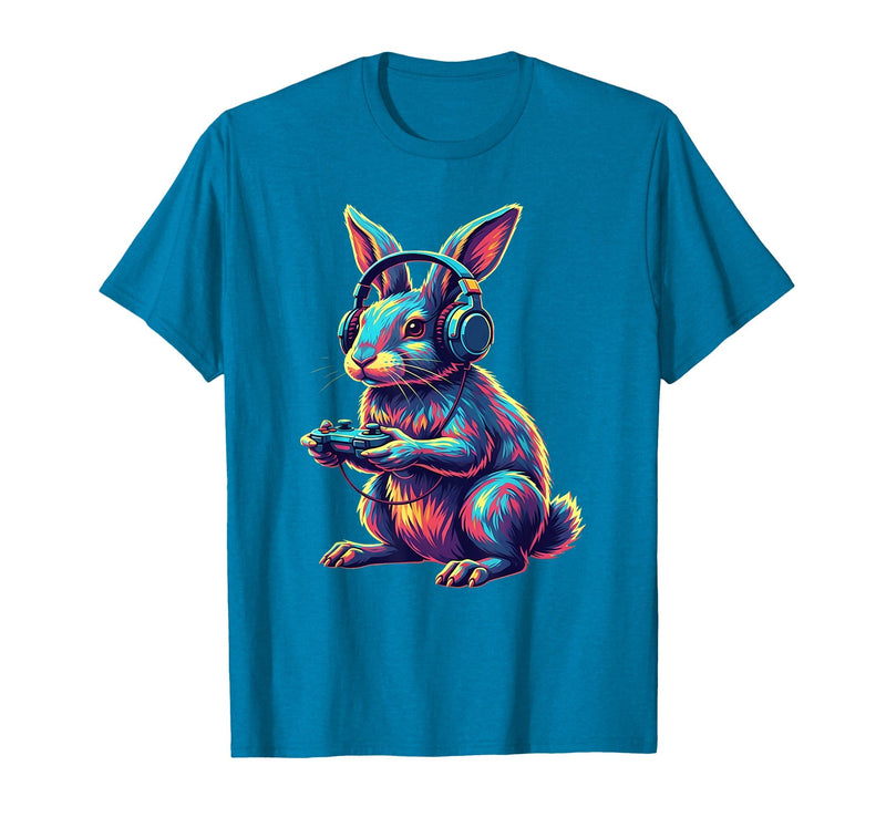 Rabbit Gaming Animal Video Games Funny Rabbit T-Shirt in Sapphire Blue