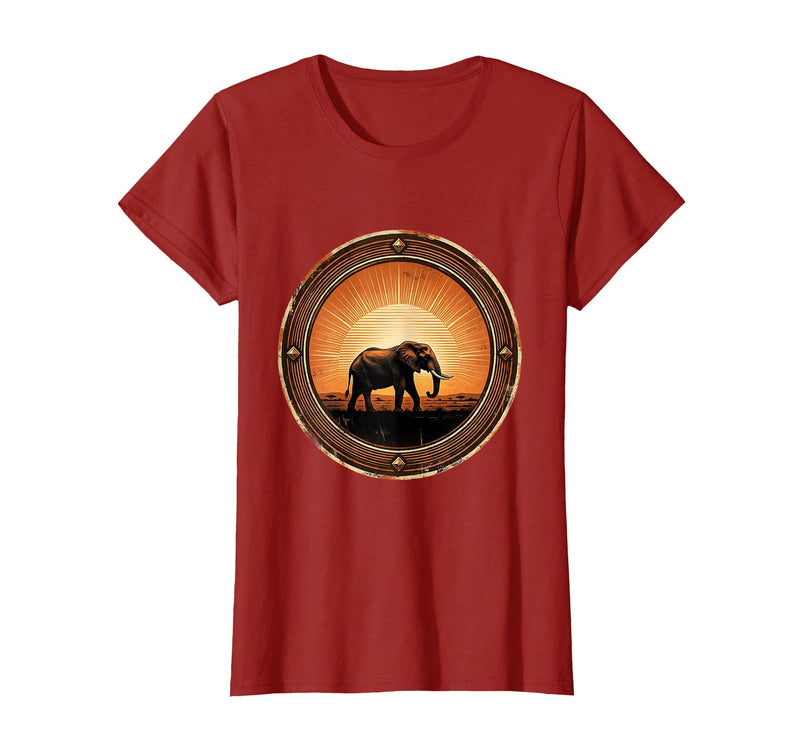 Mademark Elephant Silhouette Glowing Safari Sunset T-Shirt - Women - Cranberry Red