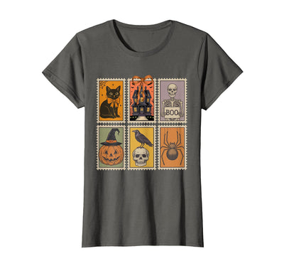 Halloween Stamp Cute Ghost Cute Fall Apparel Vintage Halloween Stamp Cute Ghost Pumpkin Cat Retro Fall T-Shirt