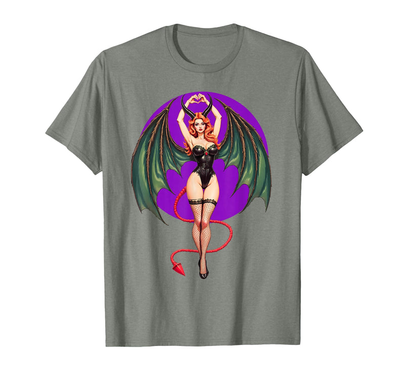 Classic Vintage Pin-Up Sexy Girl by YUX Sexy Succubus Monster Halloween Hand Heart Pin-Up Girl Devil T-Shirt - Olive Heather