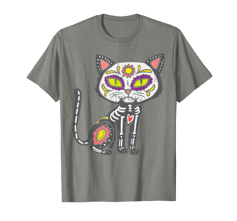 Halloween Cat Shirts For Women Men Kids Owner Sugar Skull Cat Dia De Muertos Day of Dead Halloween Mexican T-Shirt - Olive