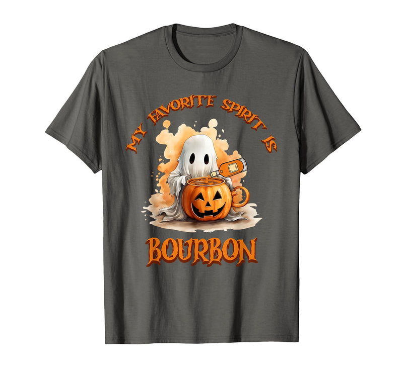Boo Watercolor Pumpkin Cup Light Witch Hat Bottle Bourbon My Favorite Spirit is Bourbon Happy Halloween Boo T-Shirt -
