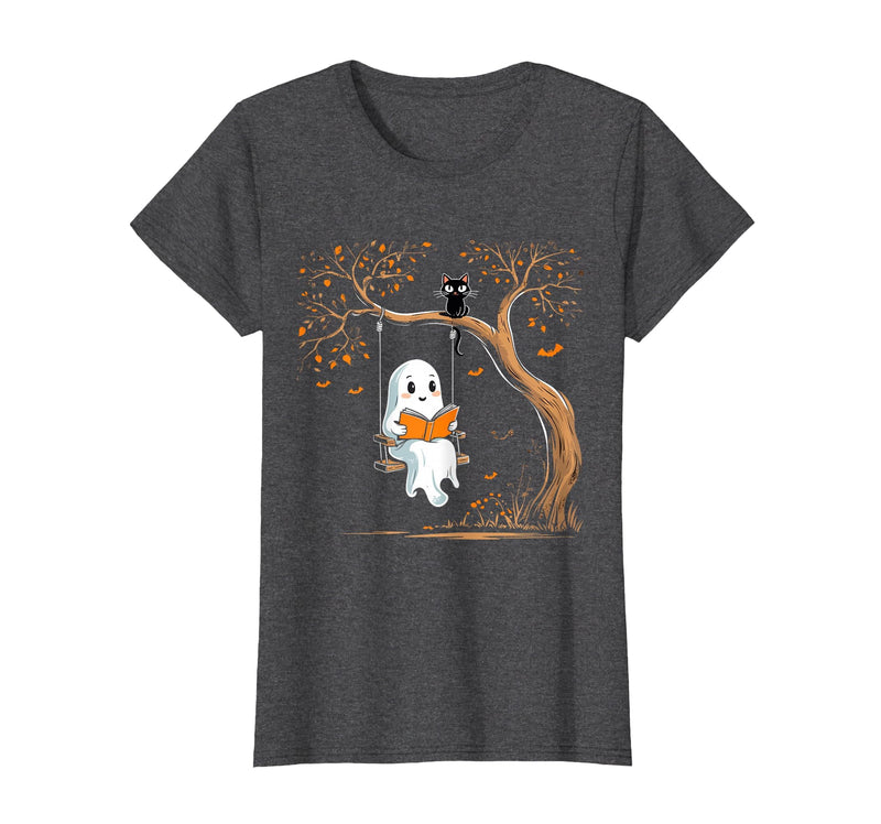Halloween Ghost Swing Reading Vintage Ghost Swing Reading Book Swinging Halloween Costume T-Shirt - Dark Heather Grey