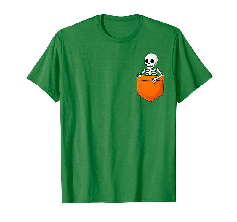 Halloween Spooky Funny Design Skeleton in Pocket Halloween Spooky Funny Skull Costume T-Shirt - Kelly Green