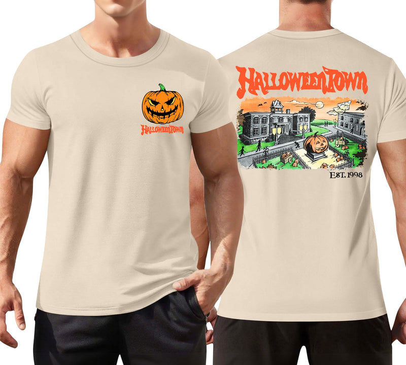 Ithalt Mens Halloween Shirt Halloweentown T Shirt Pumpkin Short Sleeve Top - Beige