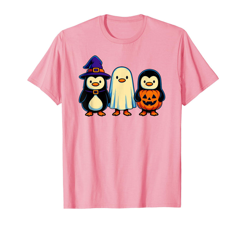 Nerrrdy Penguin Witch Ghost Pumpkin Men Women Kids Funny Halloween T-Shirt - Pink
