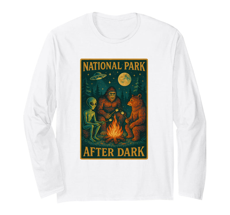 National Park After Dark Tee National Park After Dark: Alien Bigfoot Bear Camping Long Sleeve T-Shirt - White