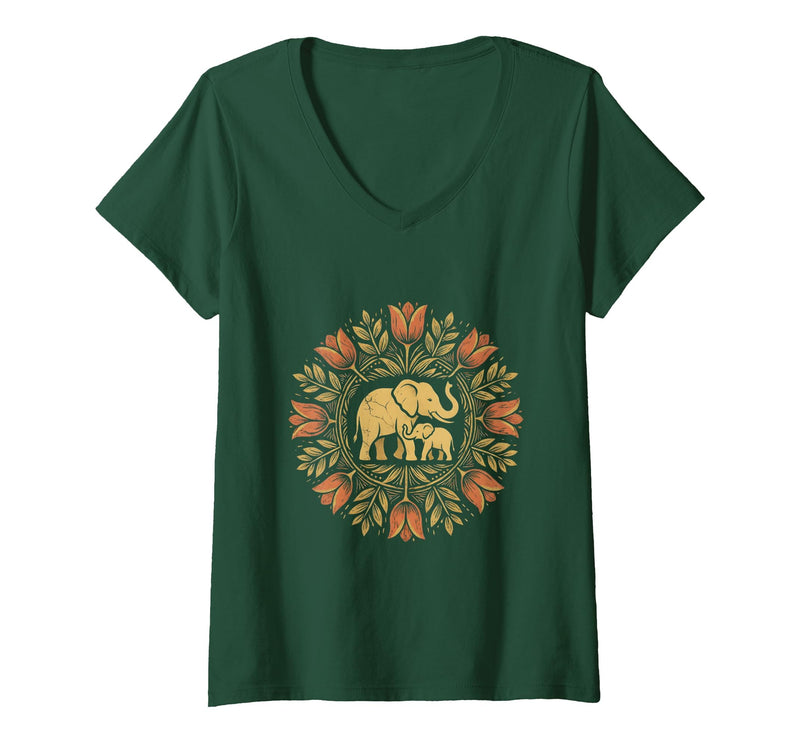 Mademark Women's Mother Elephant Nudging Newborn Calf Maternity V-Neck T-Shirt - Women - Dark Green