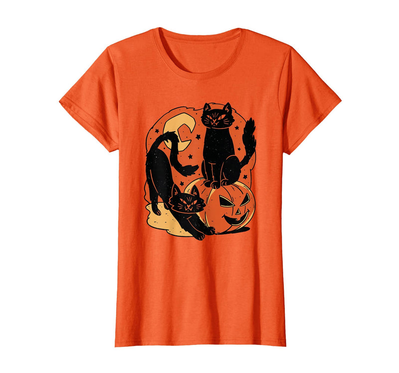 Halloween scary black cat Vintage Scary Halloween Black Cats and Pumpkin T-Shirt - Orange