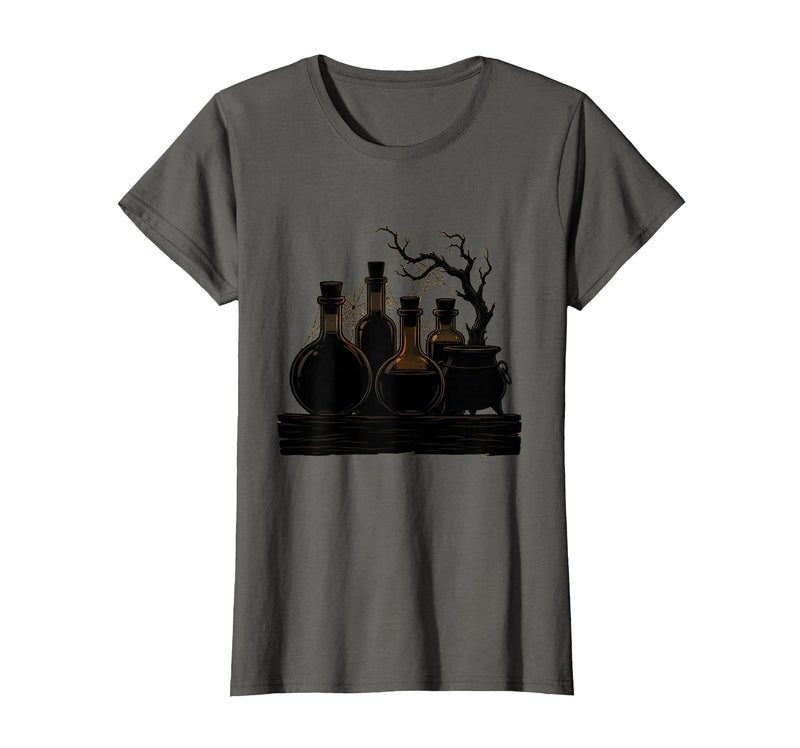 Mademark Vintage Halloween Potion Bottles Dusty Shelf T-Shirt - Asphalt Grey