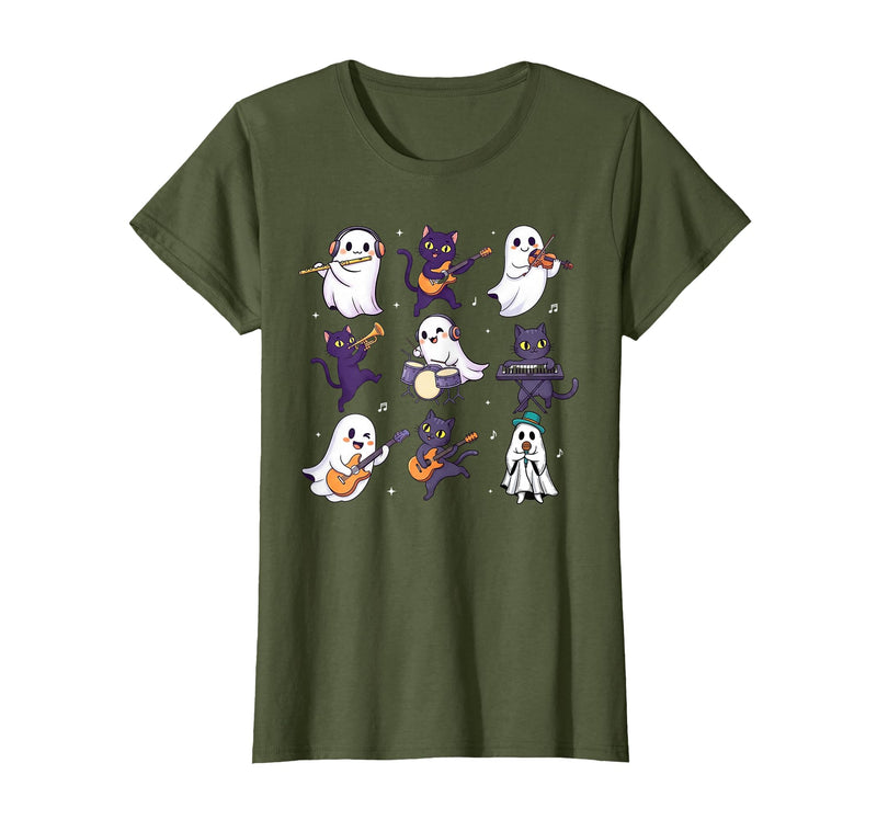 Halloween Music Teacher Ghost Music Lover Cute Ghost Cat Playing Musical Halloween Music Teacher T-Shirt - Olive Green