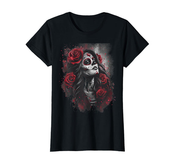 Day Of The Dead Skull Dia De Muertos Halloween Cute Sugar Woman Day of the Dead Pink Girl T-Shirt - Black