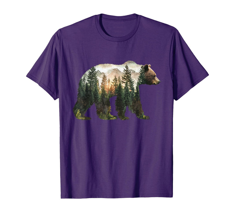 Bear Designs. Bear Forest Mountains Trees Nature Sunset Outdoor Graphic T-Shirt - Purple