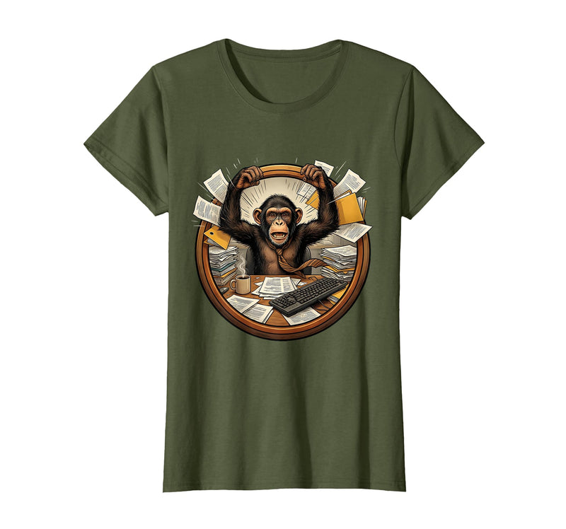 Mademark Monkey Office Chaos Funny Adult Humor Graphic T-Shirt - Women - Olive Green