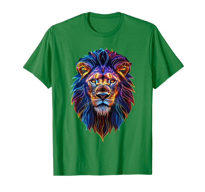 Psychedelic Jungle Glow Animal Art Glow Lion Head Art Psychedelic Jungle Animal Face T-Shirt - Kelly Green
