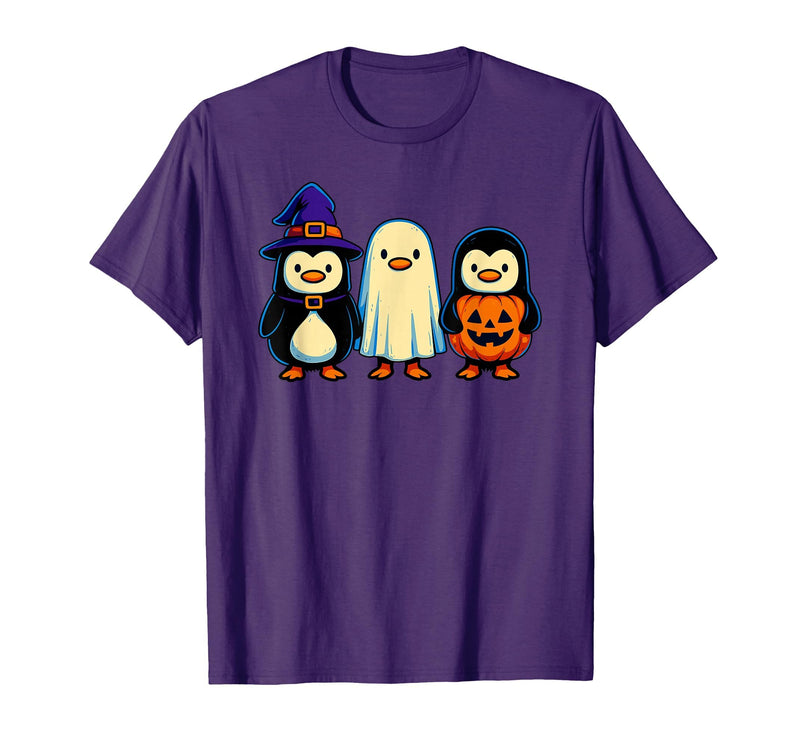 Nerrrdy Penguin Witch Ghost Pumpkin Men Women Kids Funny Halloween T-Shirt - Purple