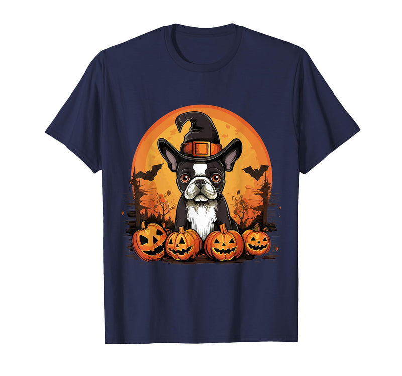 Boston Terrier Bostie Dog Halloween Designs Boston Terrier Bostie Dog Breed Pet Halloween Pumpkins T-Shirt - Navy Blue