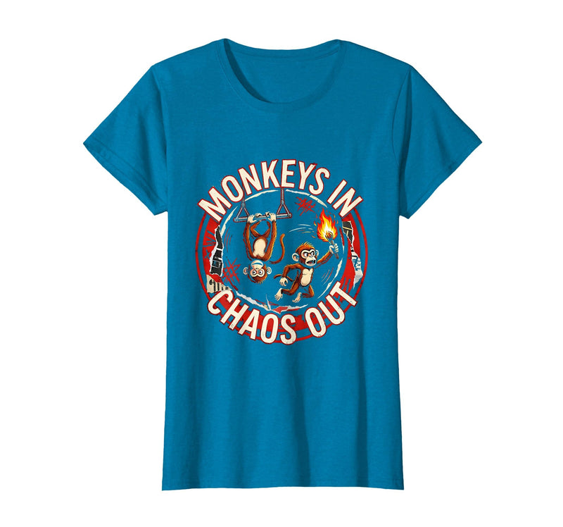 Mademark Monkeys In. Chaos Out. Punk Metal Circus Design T-Shirt - Women - Sapphire Blue