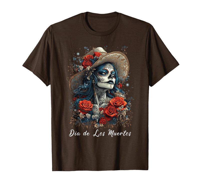 DIRHAME Dia De Los Muertos Mexican Sugar Skull Girl Halloween Dia De Los Muertos T-Shirt - Brown
