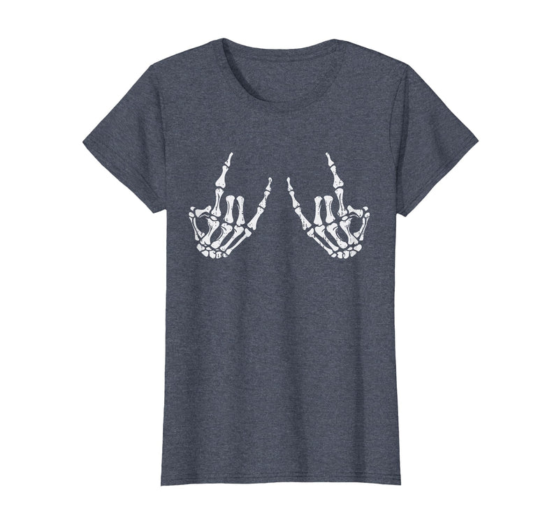 Halloween Tees for Women Men Kids Rocker Hand Sign Rock Skeleton Halloween Costume Men Women T-Shirt - Heather Blue