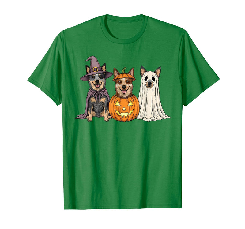 Funny Retro Australian Cattle Dog Halloween Witch Spooky Ghost Blue Heeler Pumpkin Halloween Dog Lover T-Shirt - Kelly Green