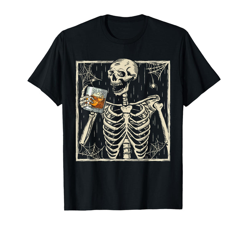 Funny Skeleton Drinking Bourbon Whiskey Halloween Alcoholic T-Shirt - Black