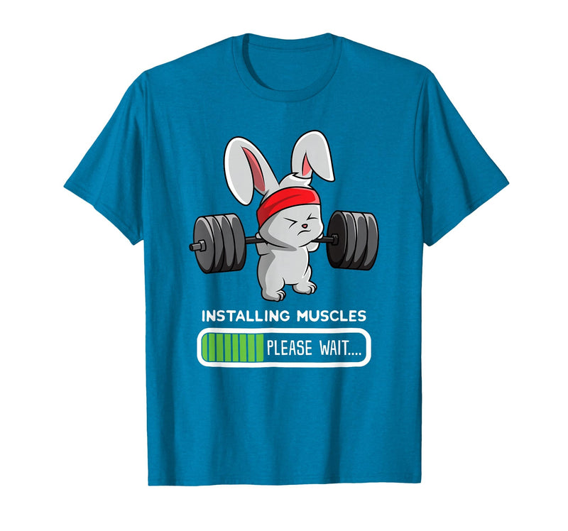 Bunny Gym Rabbit Weights Installing Muscles T-Shirt in Sapphire Blue