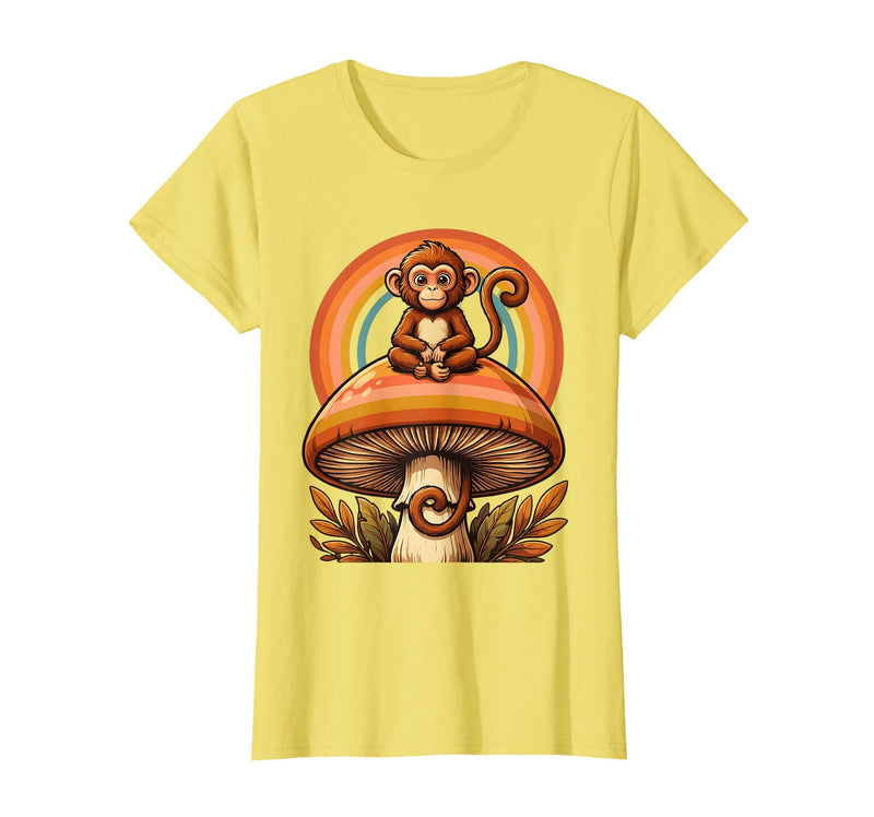 Mademark Monkey Perched on Giant Mushroom Illustration T-Shirt - Women - Lemon Yellow