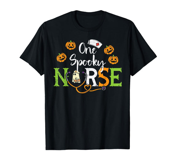 Halloween Nurse Shirts For Women Scrub Costumes One Spooky Nurse Ghost Stethoscope Halloween Costume Nursing T-Shirt - Black
