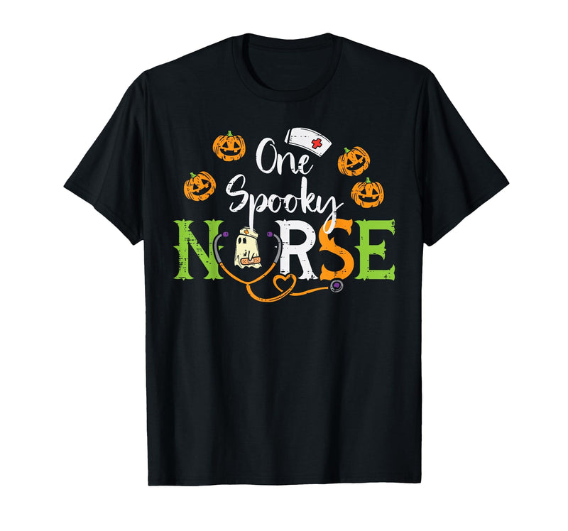 Halloween Nurse Shirts For Women Scrub Costumes One Spooky Nurse Ghost Stethoscope Halloween Costume Nursing T-Shirt - Black