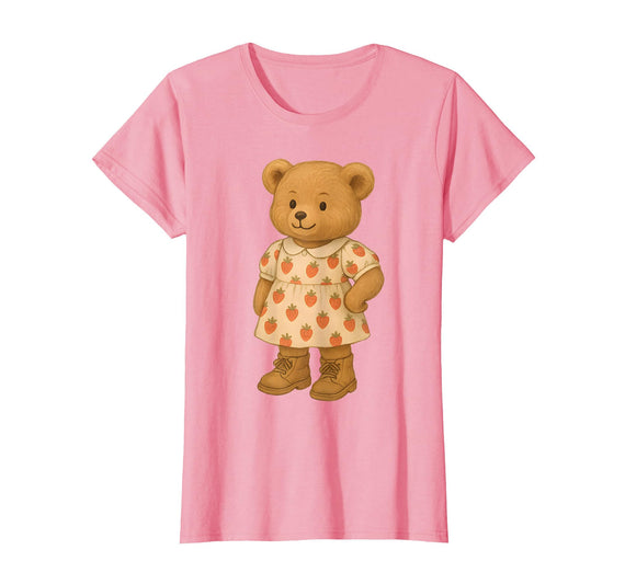 Forestcore Vintage Teddy Bear Picnics In Nature Cottagecore Strawberry Teddy Bear Vintage Nature Forestcore T-Shirt - Pink