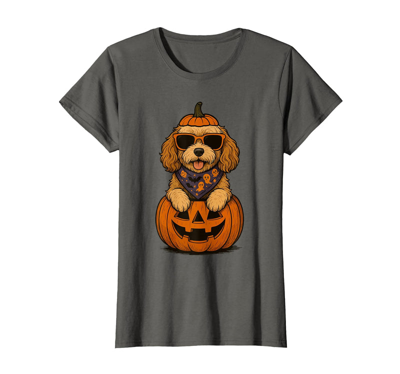 Funny Retro Maltipoo mom Halloween Spooky Cavapoo Pumpkin Halloween Doodle Dog Lover T-Shirt - Asphalt Grey